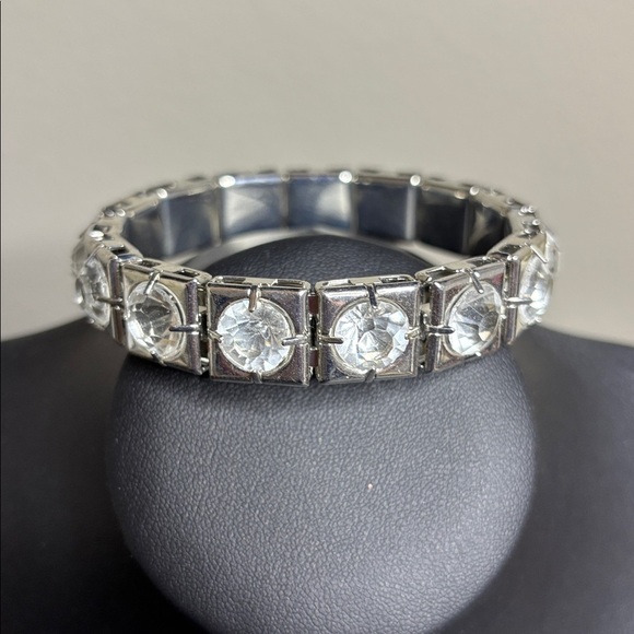 Jewelry - Silver Tone Bangle Bracelet with Clear Gemstones